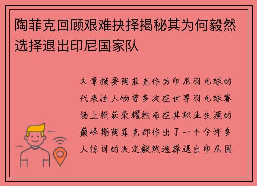 陶菲克回顾艰难抉择揭秘其为何毅然选择退出印尼国家队